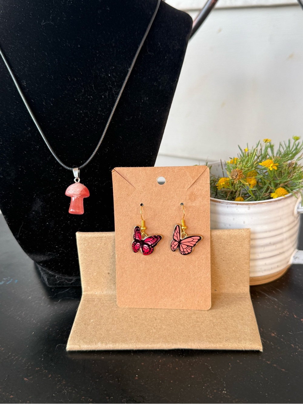 Handcrafted Pink Butterfly Earrings & Pink Mushroom Pendant Necklace